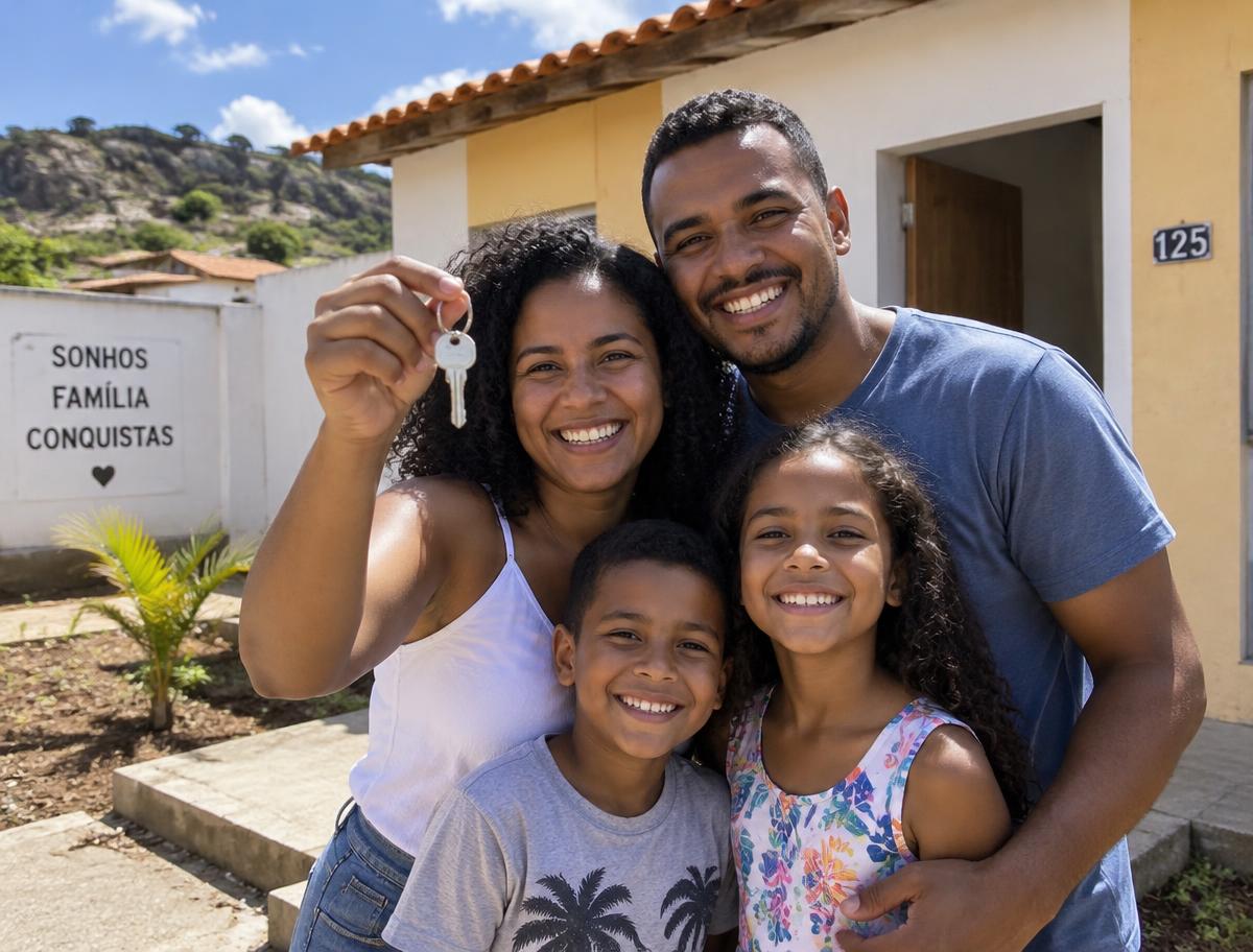 Família feliz com a chave da casa nova